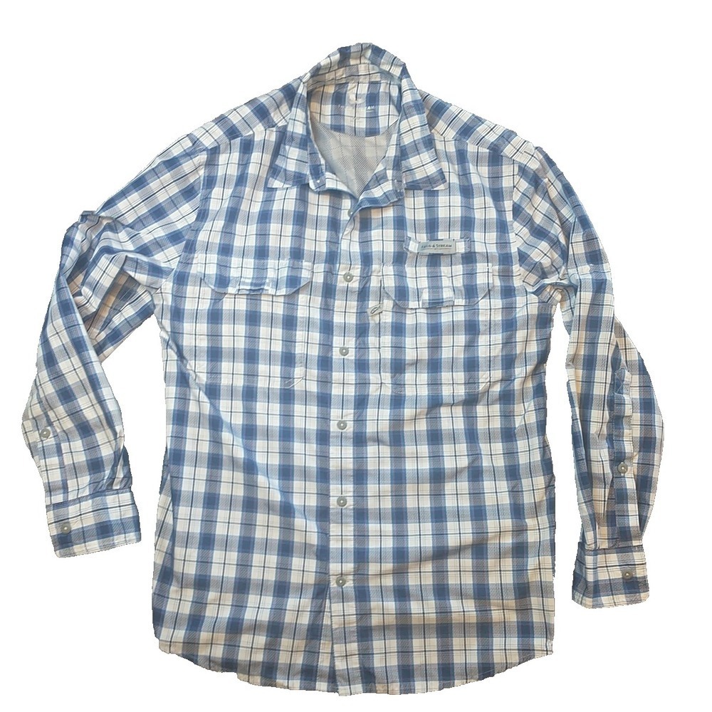 Field & Stream Mens Blue Plaid Vented Fishing Shirt Long Sleeve Roll Tab MD